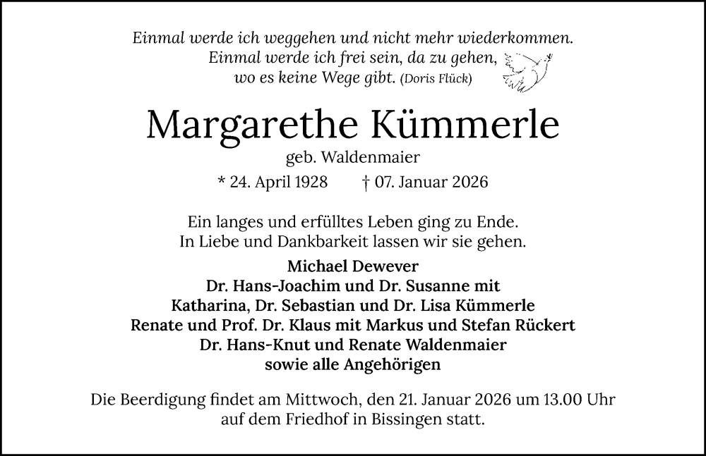  Traueranzeige für Margarethe Kümmerle vom 17.01.2026 aus GESAMT