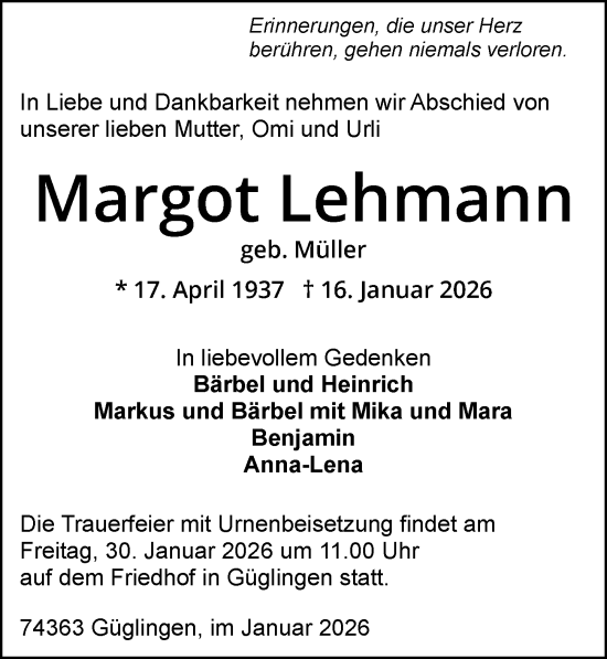 Traueranzeige von Margot Lehmann von GESAMT