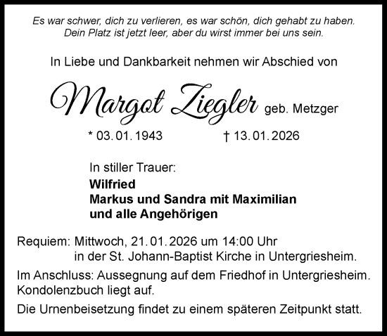 Traueranzeige von Margot Ziegler von GESAMT
