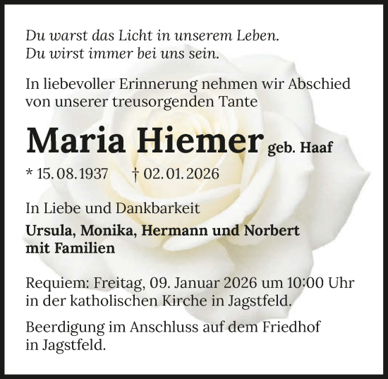Traueranzeige von Maria Hiemer von GESAMT