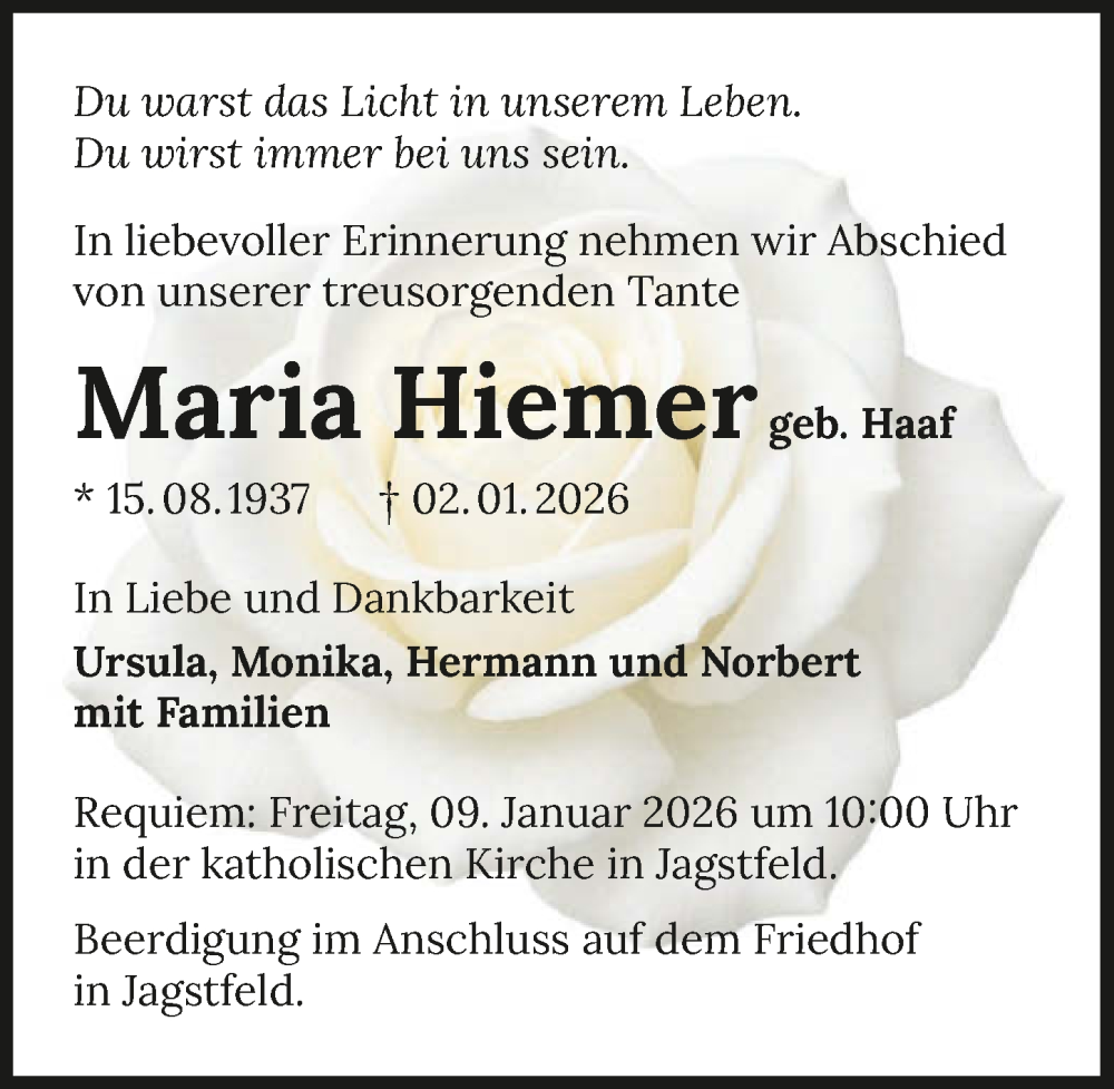  Traueranzeige für Maria Hiemer vom 07.01.2026 aus GESAMT