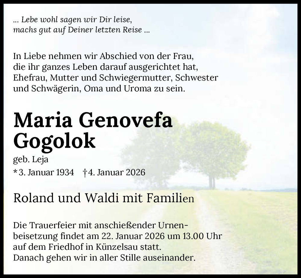  Traueranzeige für Maria Genovefa Gogolok vom 17.01.2026 aus GESAMT