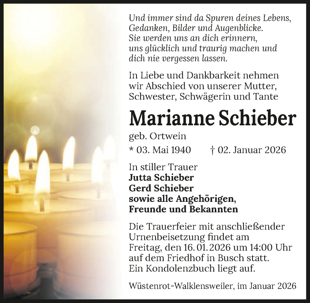  Traueranzeige für Marianne Schieber vom 10.01.2026 aus GESAMT
