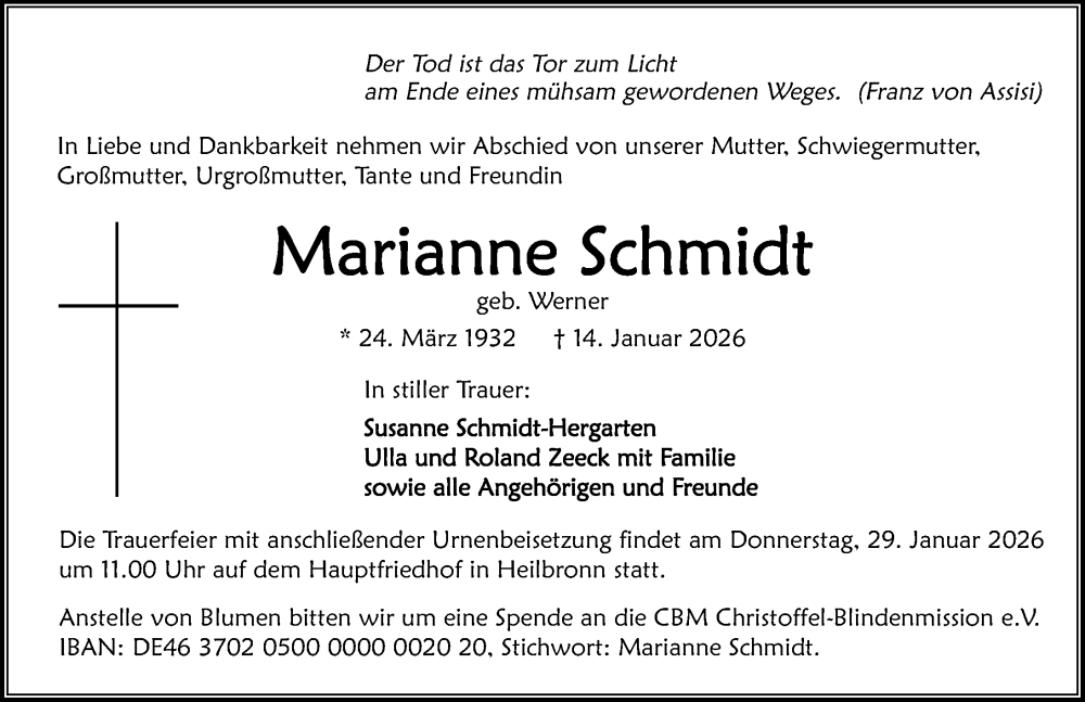  Traueranzeige für Marianne Schmidt vom 24.01.2026 aus GESAMT