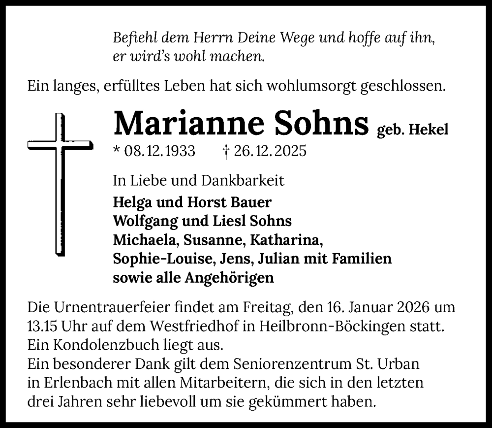  Traueranzeige für Marianne Sohns vom 10.01.2026 aus GESAMT