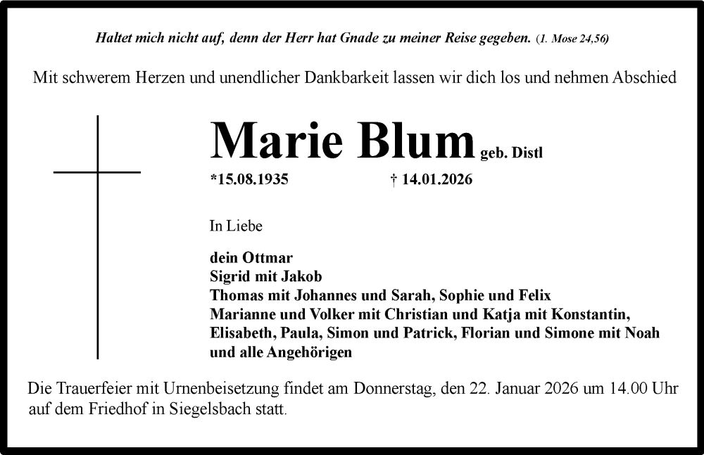  Traueranzeige für Marie Blum vom 17.01.2026 aus GESAMT