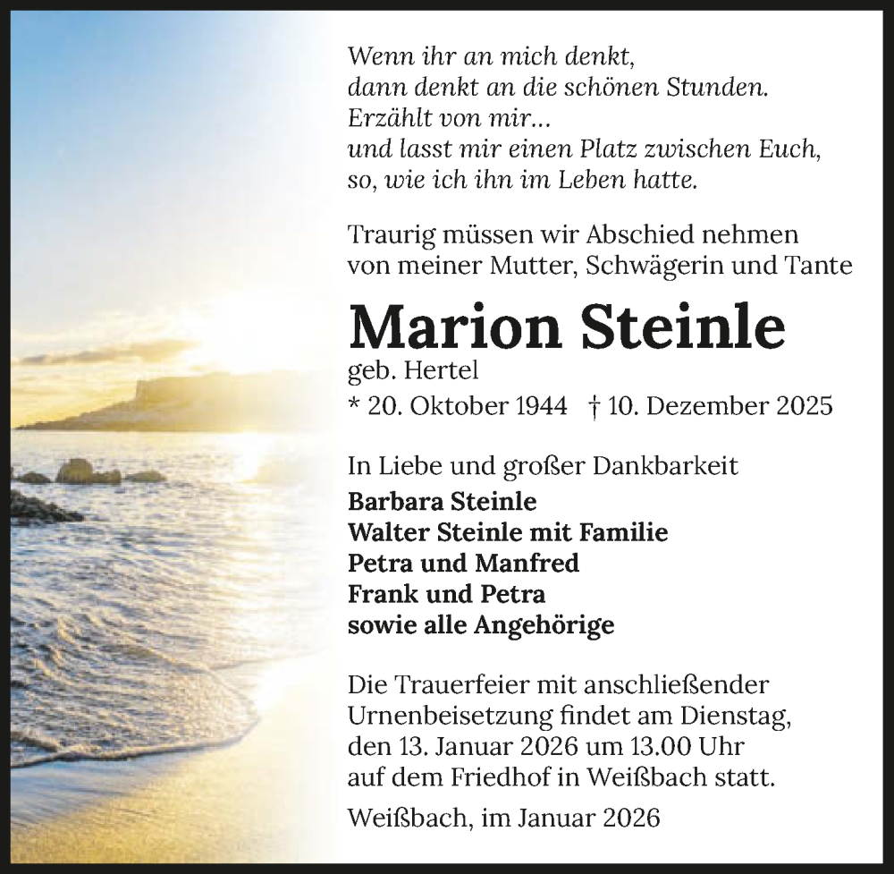  Traueranzeige für Marion Steinle vom 10.01.2026 aus GESAMT