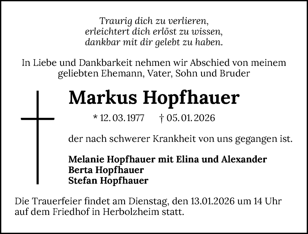  Traueranzeige für Markus Hopfhauer vom 10.01.2026 aus GESAMT