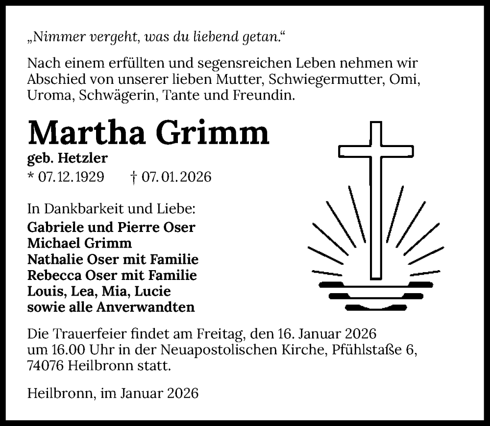  Traueranzeige für Martha Grimm vom 13.01.2026 aus GESAMT