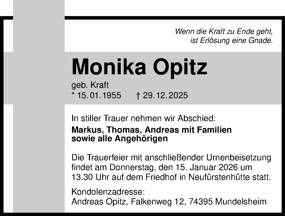  Traueranzeige für Monika Opitz vom 10.01.2026 aus GESAMT