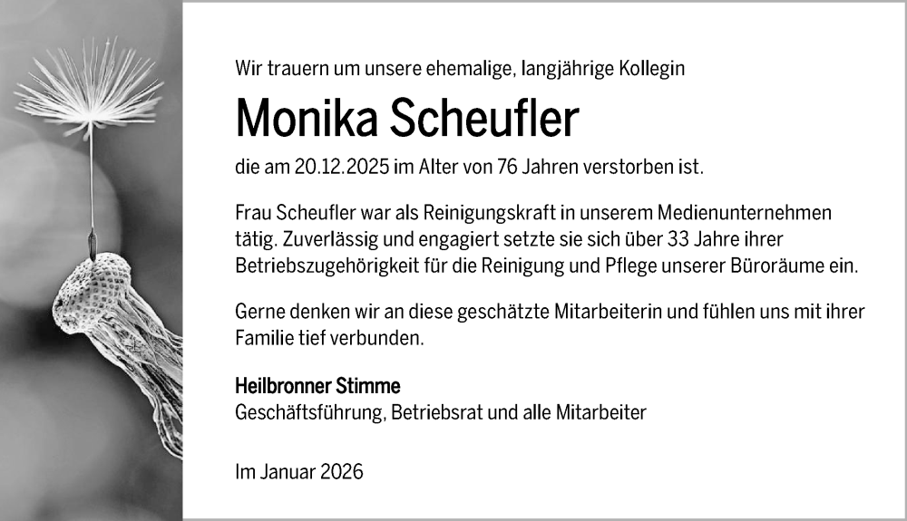  Traueranzeige für Monika Scheufler vom 10.01.2026 aus GESAMT