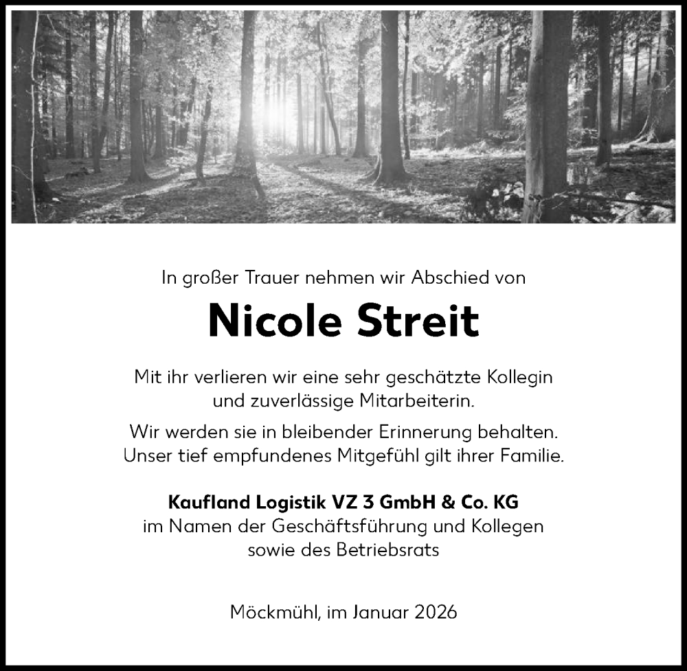  Traueranzeige für Nicole Streit vom 10.01.2026 aus GESAMT