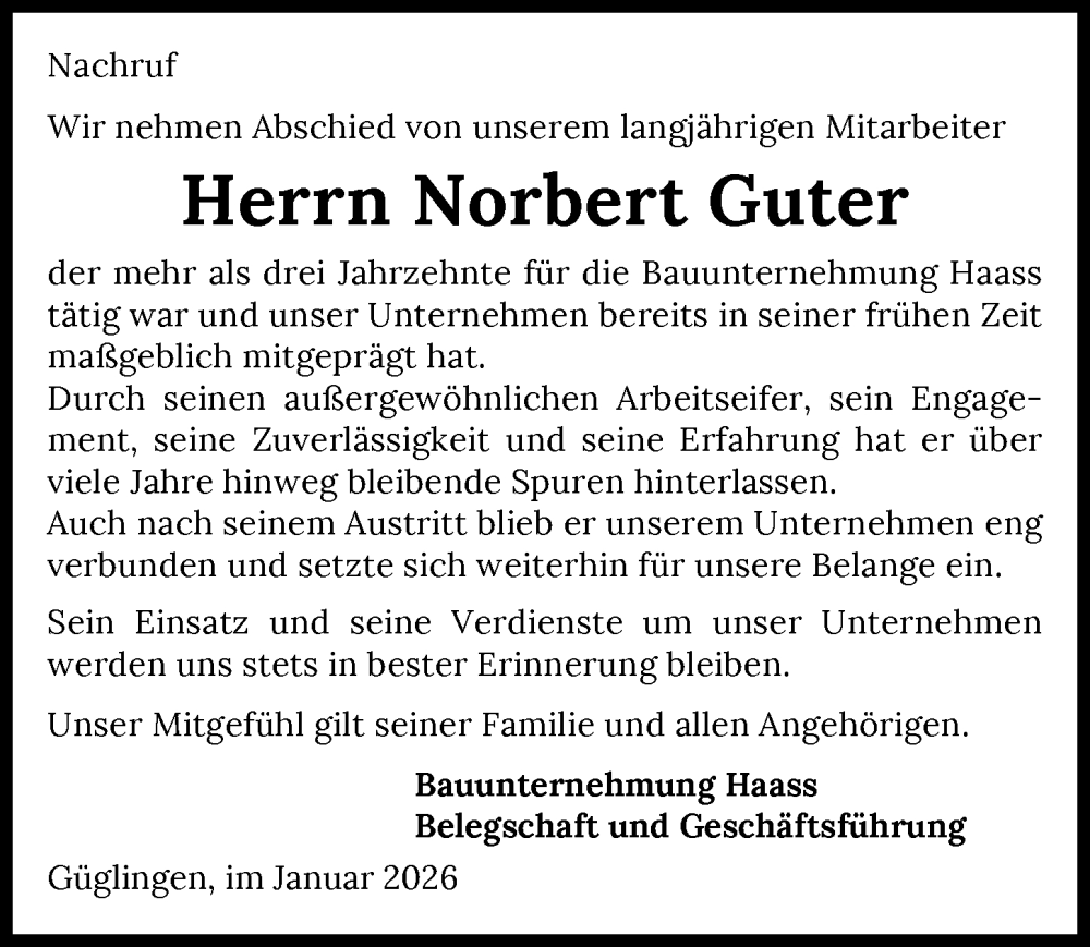  Traueranzeige für Norbert Guter vom 10.01.2026 aus GESAMT