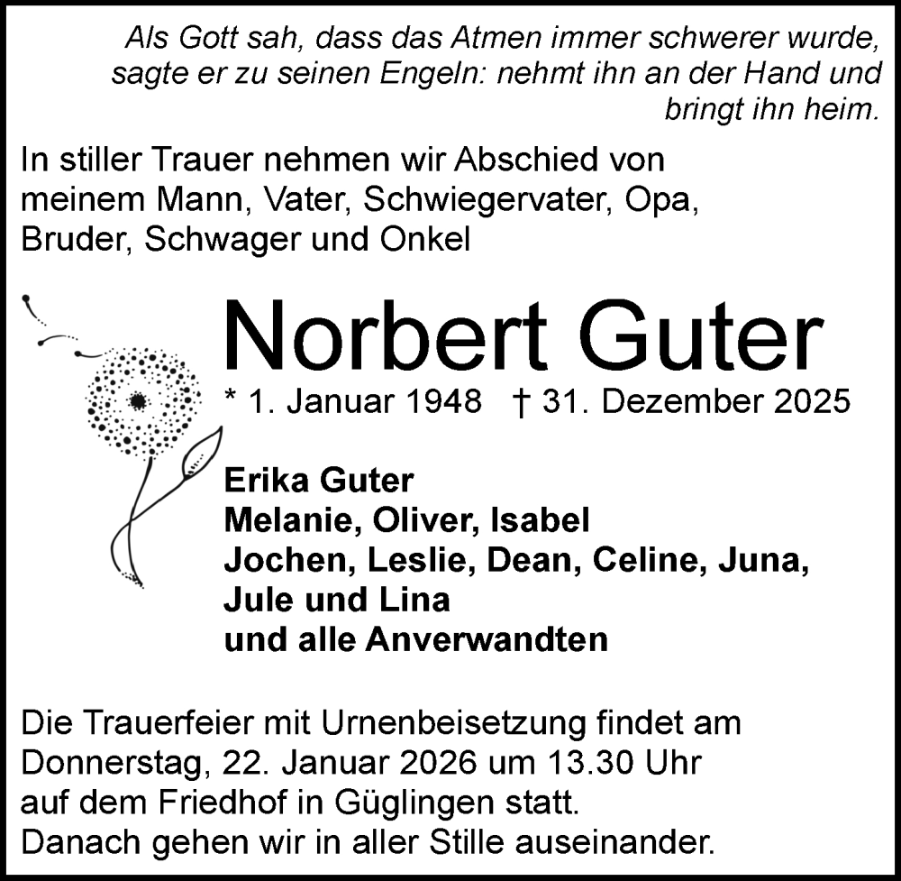  Traueranzeige für Norbert Guter vom 10.01.2026 aus GESAMT