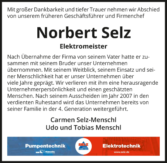 Traueranzeige von Norbert Selz von GESAMT