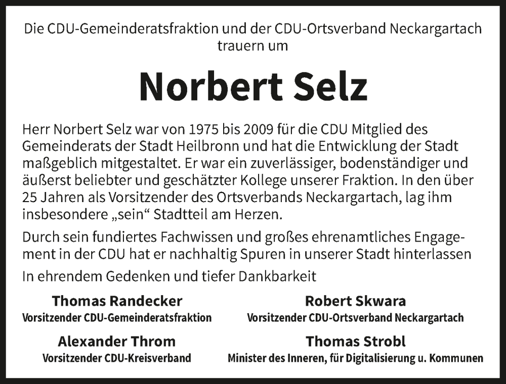  Traueranzeige für Norbert Selz vom 28.01.2026 aus GESAMT
