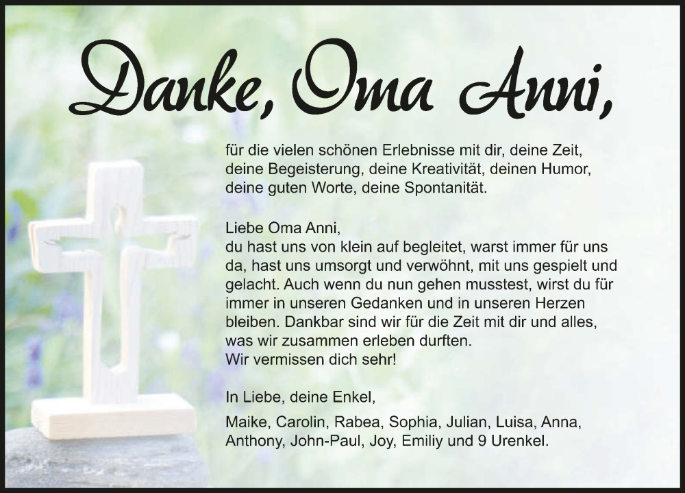  Traueranzeige für Oma Anni  vom 21.01.2026 aus GESAMT