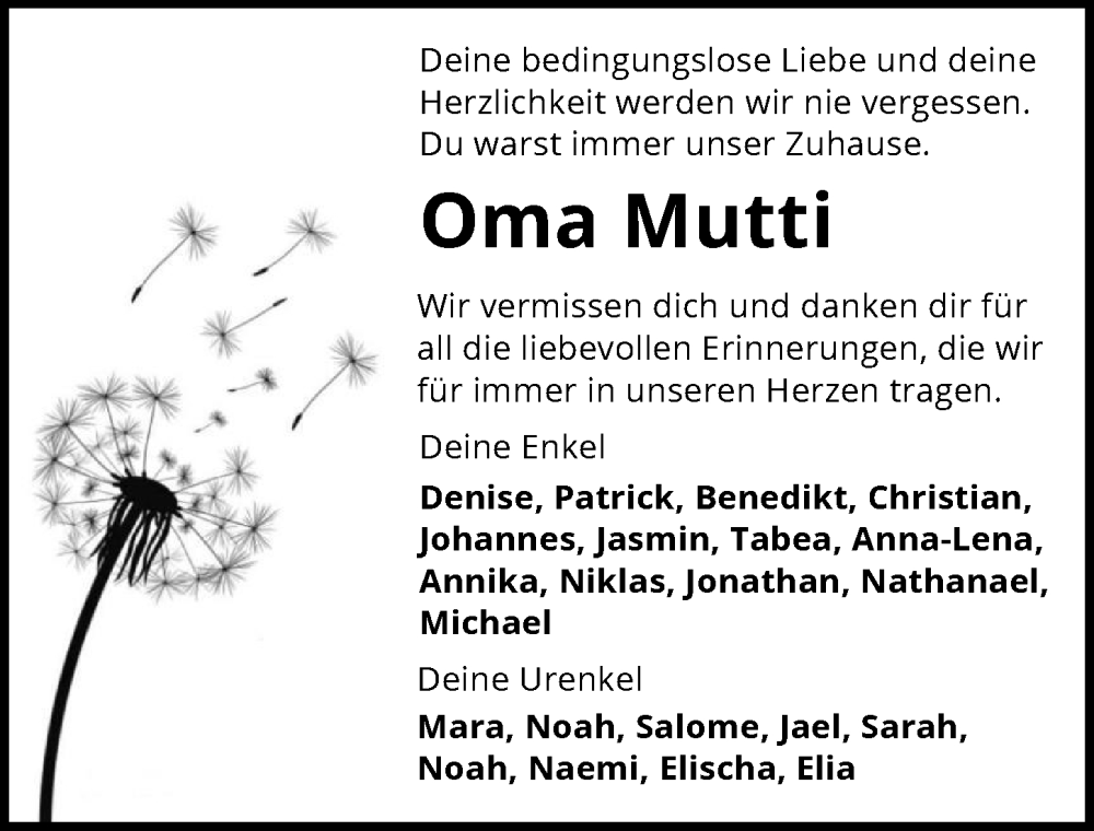  Traueranzeige für Oma Mutti Werner vom 22.01.2026 aus GESAMT