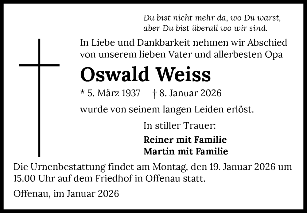  Traueranzeige für Oswald Weiss vom 15.01.2026 aus GESAMT