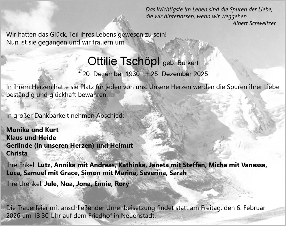  Traueranzeige für Ottilie Tschöpl vom 31.01.2026 aus GESAMT