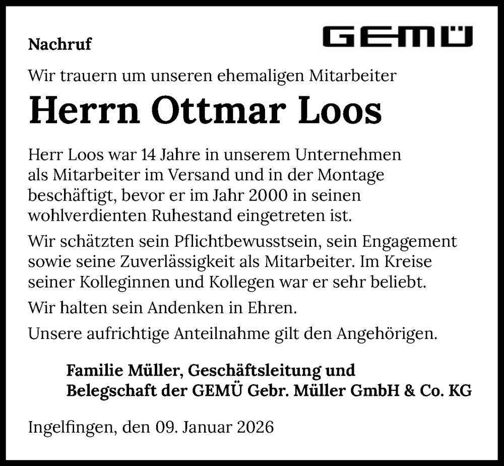  Traueranzeige für Ottmar Loos vom 09.01.2026 aus GESAMT
