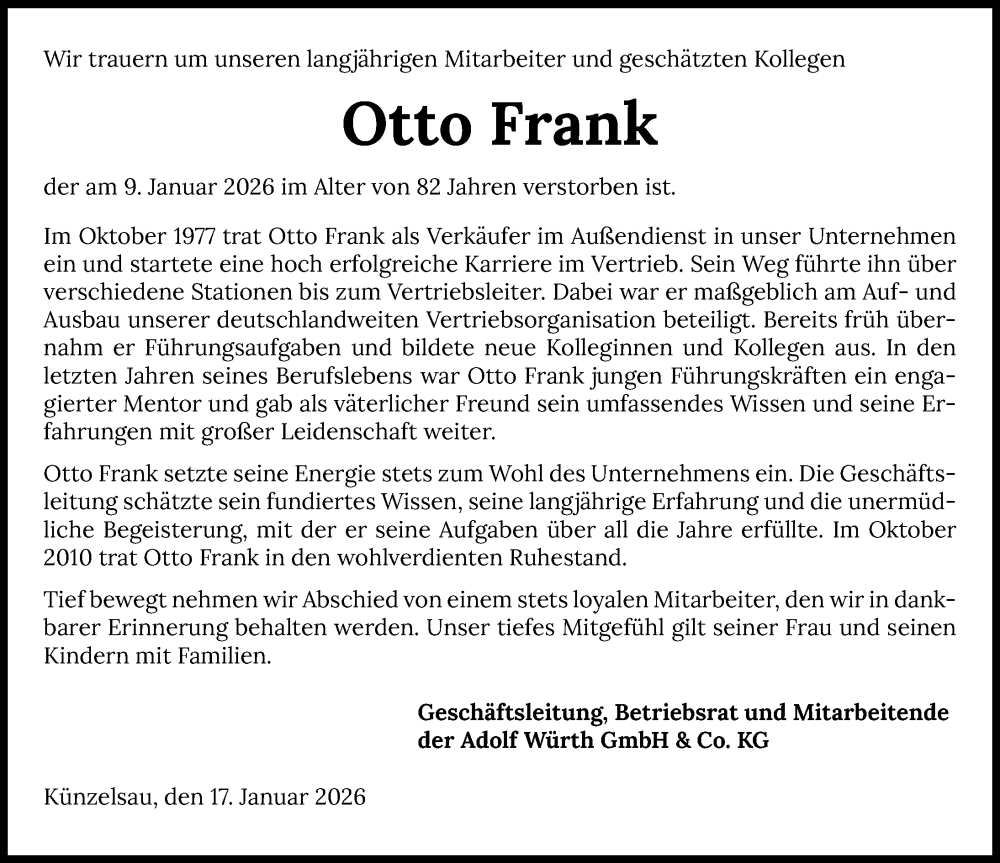  Traueranzeige für Otto Frank vom 17.01.2026 aus GESAMT