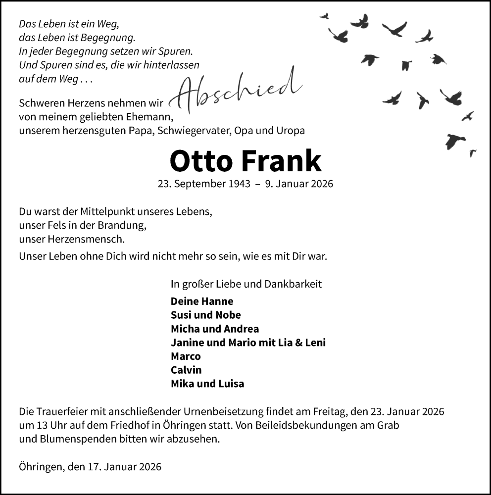  Traueranzeige für Otto Frank vom 17.01.2026 aus GESAMT