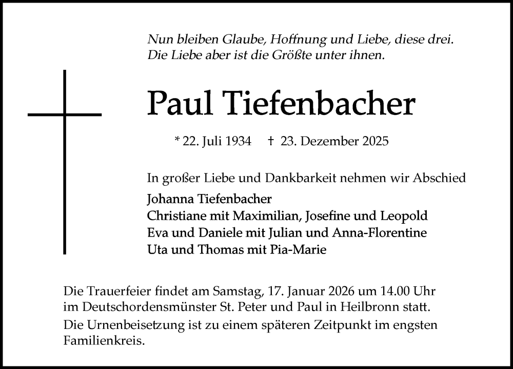  Traueranzeige für Paul Tiefenbacher vom 10.01.2026 aus GESAMT