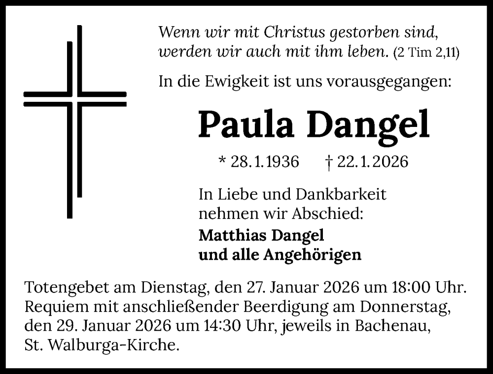  Traueranzeige für Paula Dangel vom 24.01.2026 aus GESAMT