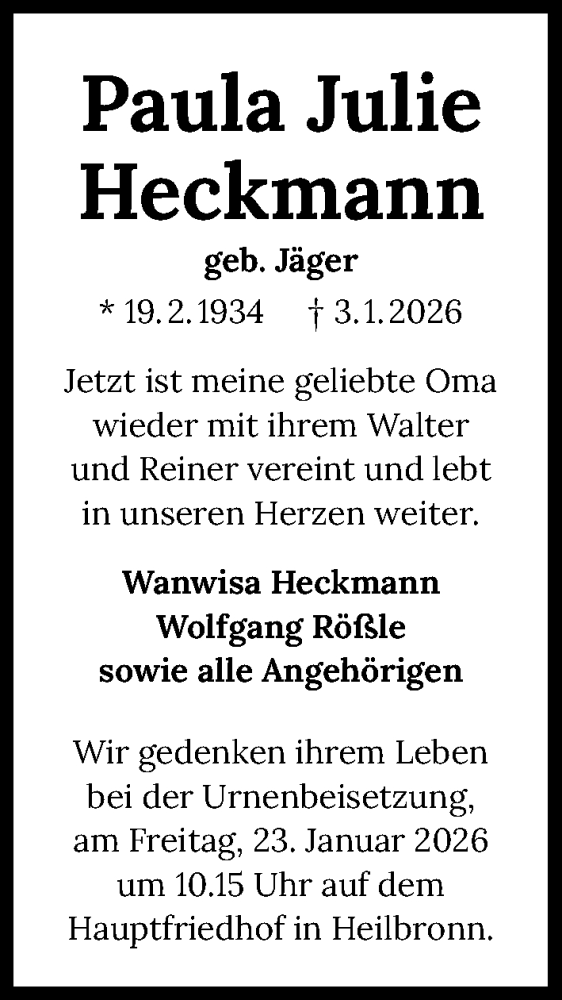  Traueranzeige für Paula Julie Heckmann vom 16.01.2026 aus GESAMT