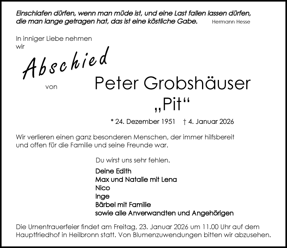  Traueranzeige für Peter Grobshäuser vom 17.01.2026 aus GESAMT