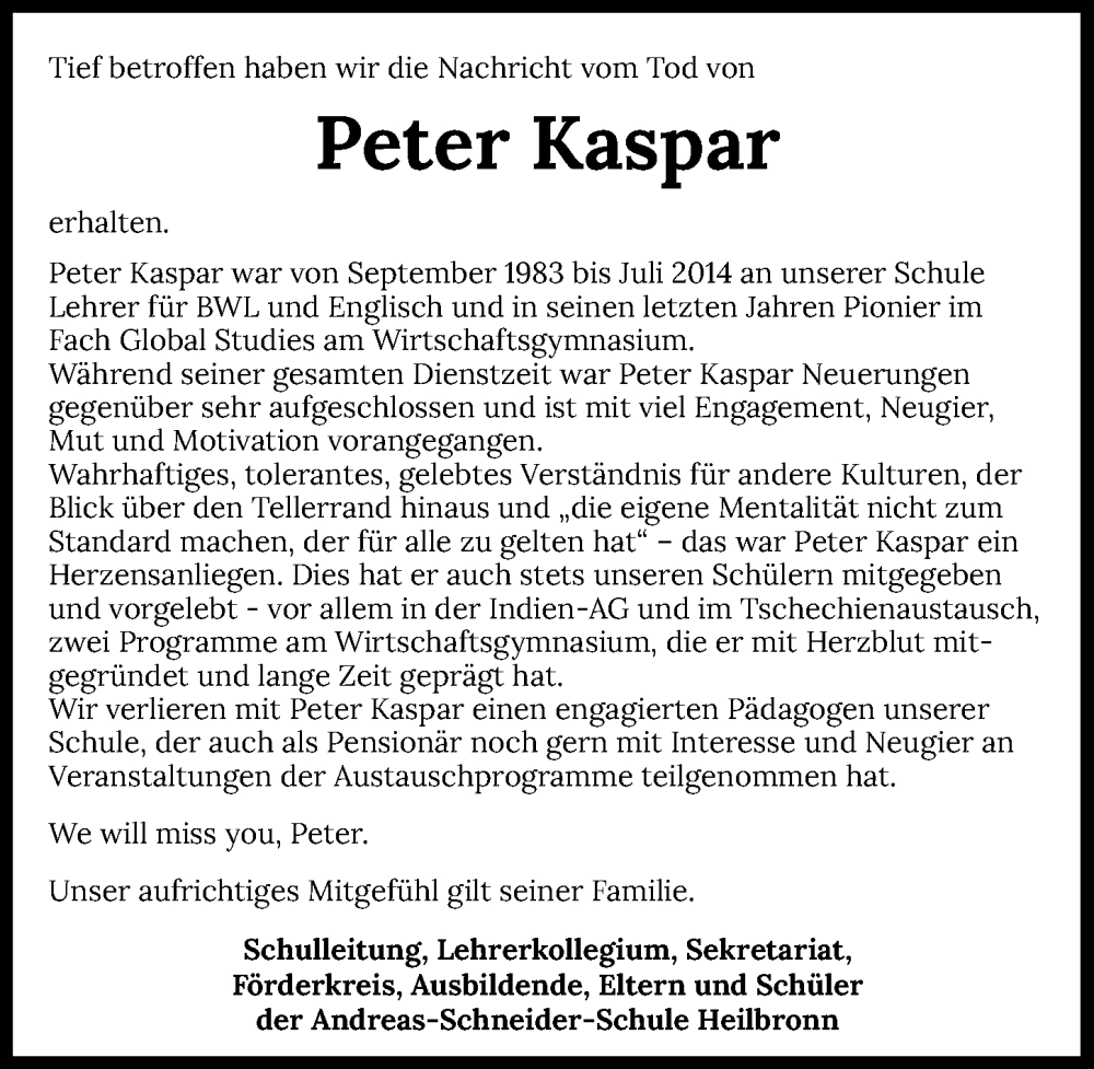  Traueranzeige für Peter Kaspar vom 03.01.2026 aus GESAMT