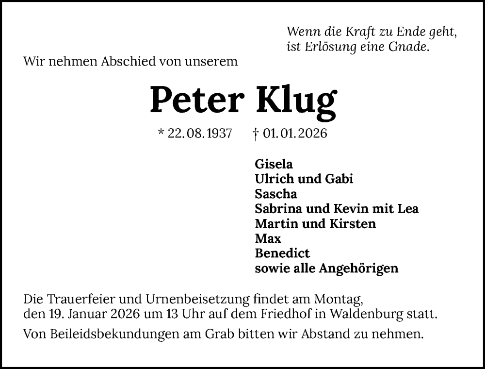  Traueranzeige für Peter Klug vom 14.01.2026 aus GESAMT
