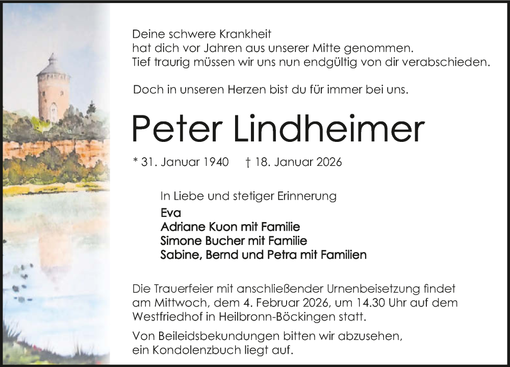  Traueranzeige für Peter Lindheimer vom 24.01.2026 aus GESAMT