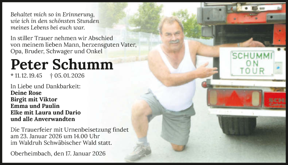  Traueranzeige für Peter Schumm vom 17.01.2026 aus GESAMT