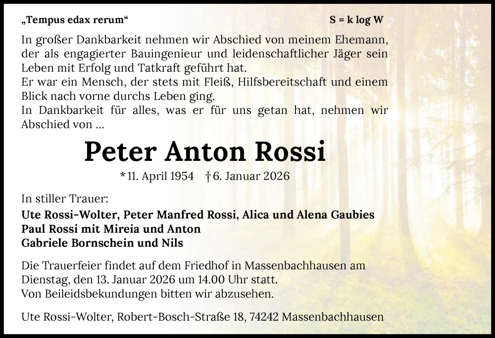  Traueranzeige für Peter Anton Rossi vom 10.01.2026 aus GESAMT
