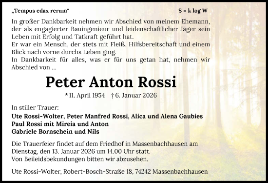 Traueranzeige von Peter Anton Rossi von GESAMT