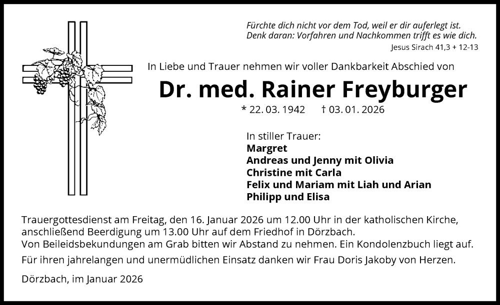  Traueranzeige für Rainer Freyburger vom 10.01.2026 aus GESAMT