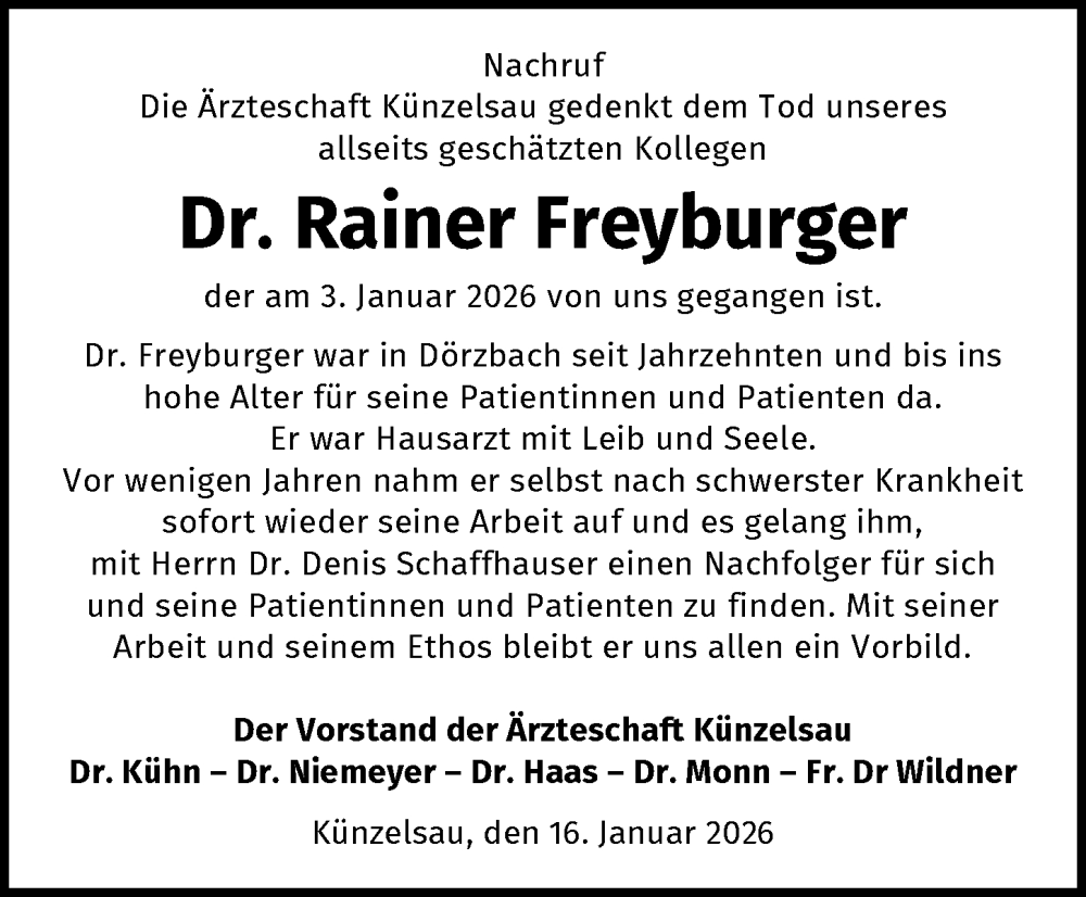  Traueranzeige für Rainer Freyburger vom 16.01.2026 aus GESAMT