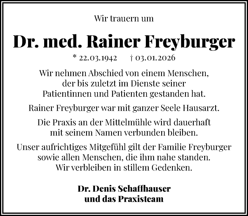  Traueranzeige für Rainer Freyburger vom 10.01.2026 aus GESAMT