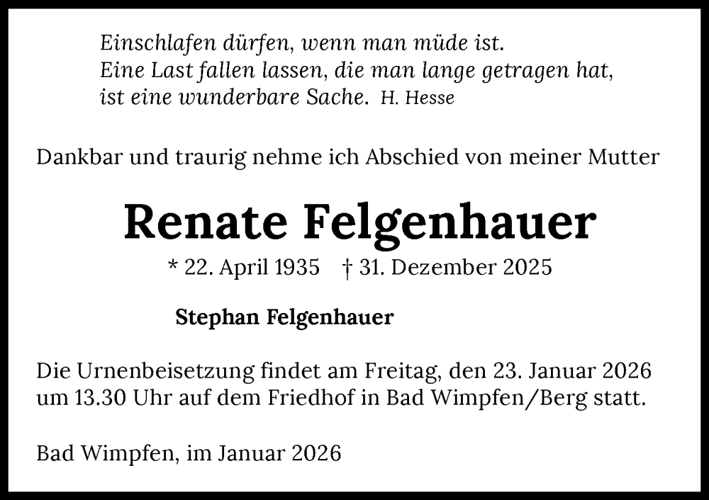  Traueranzeige für Renate Felgenhauer vom 10.01.2026 aus GESAMT