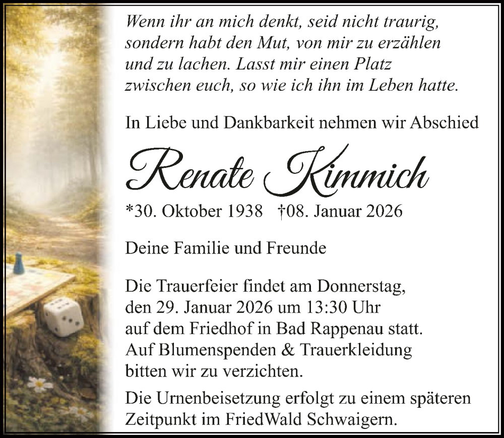  Traueranzeige für Renate Kimmich vom 17.01.2026 aus GESAMT