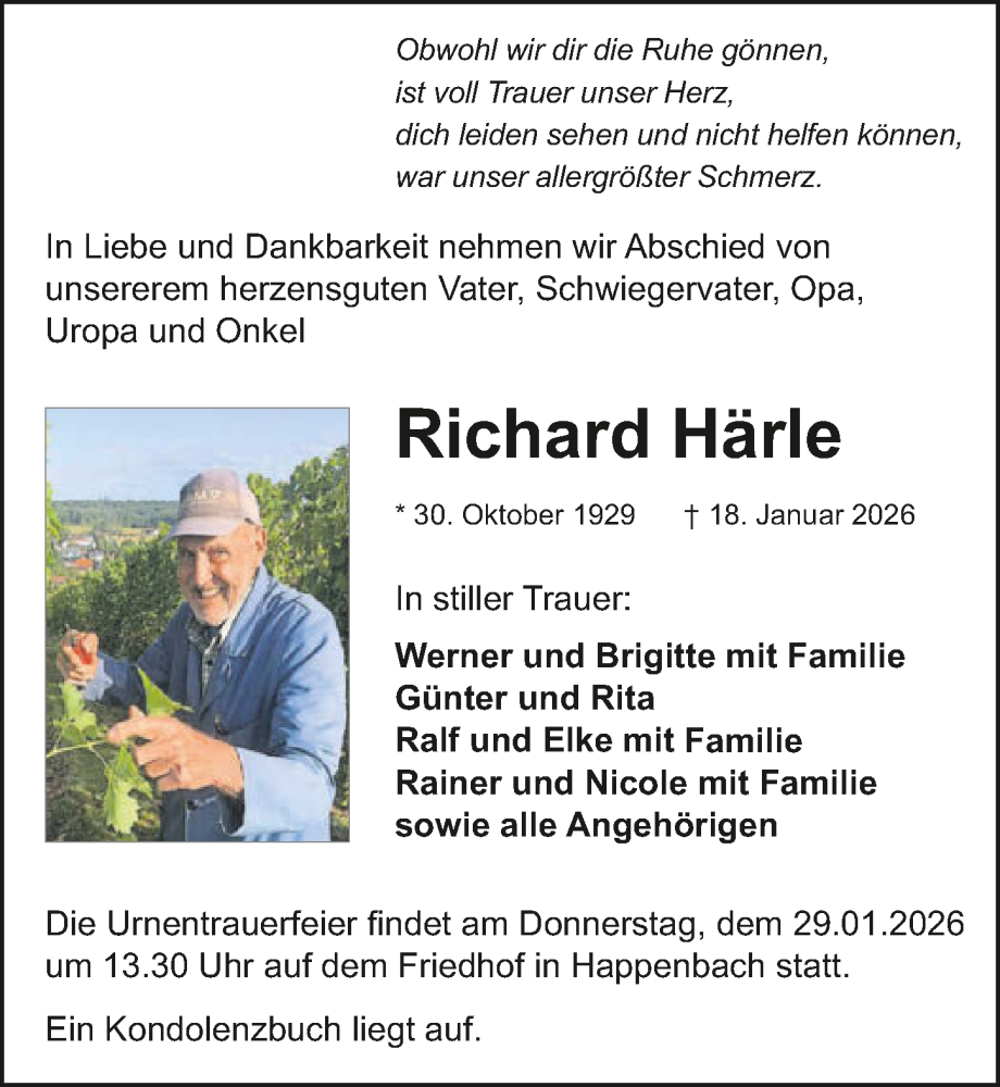  Traueranzeige für Richard Härle vom 24.01.2026 aus GESAMT