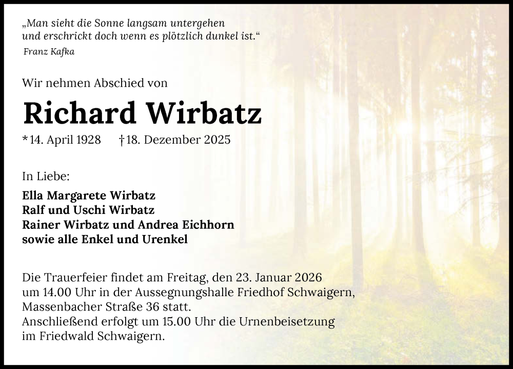  Traueranzeige für Richard Wirbatz vom 16.01.2026 aus GESAMT