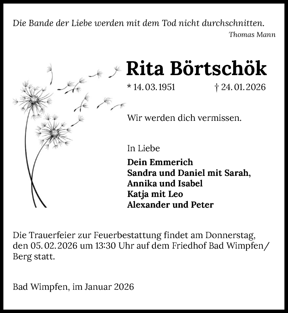  Traueranzeige für Rita Börtschök vom 31.01.2026 aus GESAMT