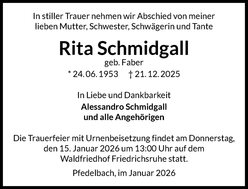  Traueranzeige für Rita Schmidgall vom 10.01.2026 aus GESAMT