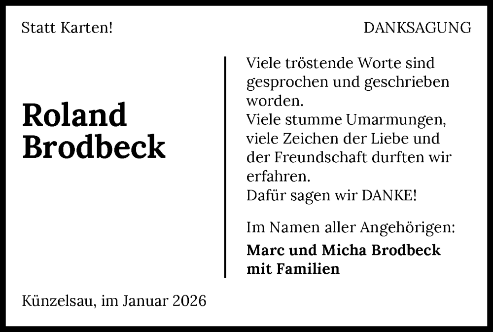  Traueranzeige für Roland Brodbeck vom 10.01.2026 aus GESAMT