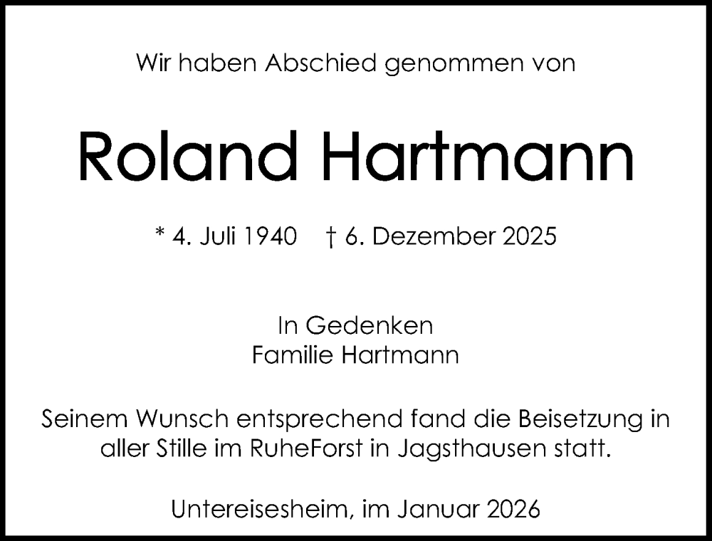  Traueranzeige für Roland Hartmann vom 10.01.2026 aus GESAMT