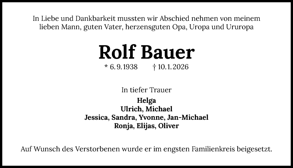  Traueranzeige für Rolf Bauer vom 24.01.2026 aus GESAMT