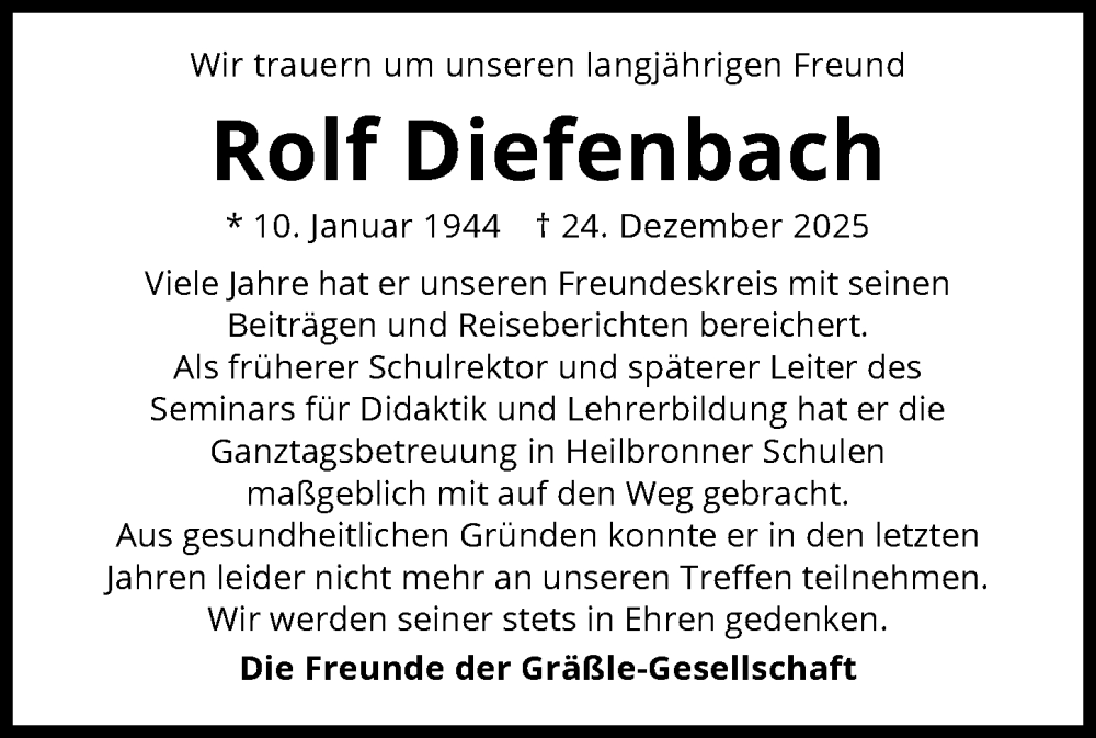  Traueranzeige für Rolf Diefenbach vom 17.01.2026 aus GESAMT